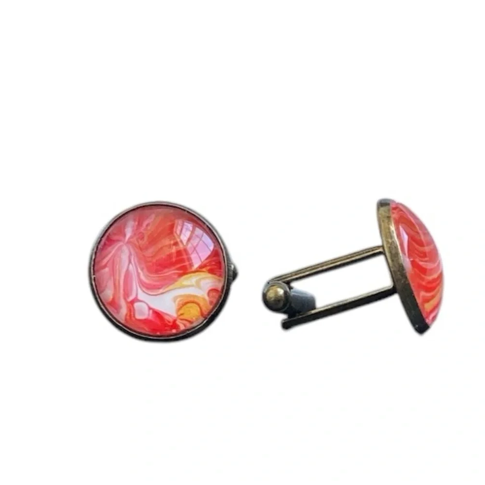 Hand Crafted Red Gold Fluid Art Cufflinks Glass Cabochon Men’s Gift
